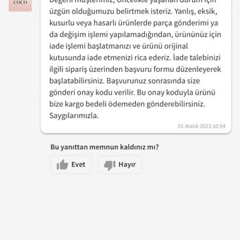 Madame Coco Yanlış Beden Ve İstem Dışı Sipariş İptali