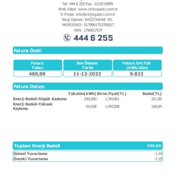 CK Boğaziçi Elektrik Perakende Satış Aş 480 TL Fatura?