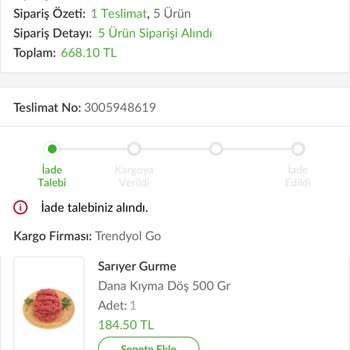 Trendyol Hızlı Market İade Bilgi Verilememesi