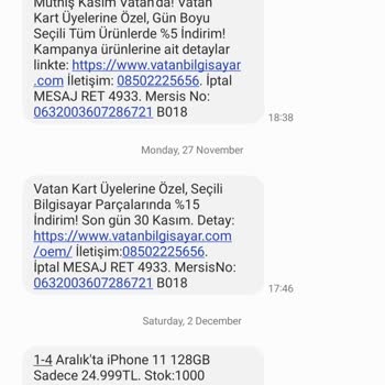 Vatan Bilgisayar İstemediğimi Belirtmeme Rağmen Reklam Mesajları Atıyorlar