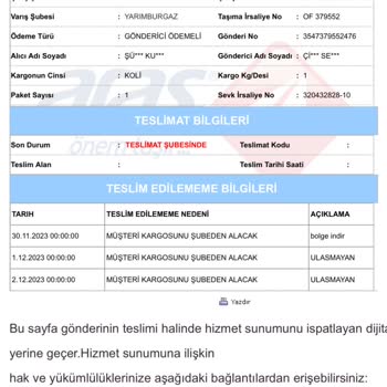 Aras Kargo 1 Haftadır Kargom Gelmedi