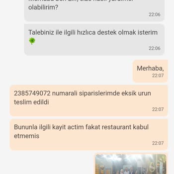 Trendyol Yemek / Hasköyüm Pidecisi Bursa Eksik Sipariş