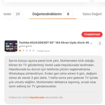 Kırılmış Toshiba TV'nin Hepsiburada Tarafından Gönderimi