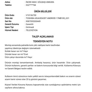 Kırılmış Toshiba TV'nin Hepsiburada Tarafından Gönderimi