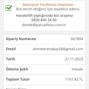 Parcafilosu.com Yanlış Parça Gönderildi