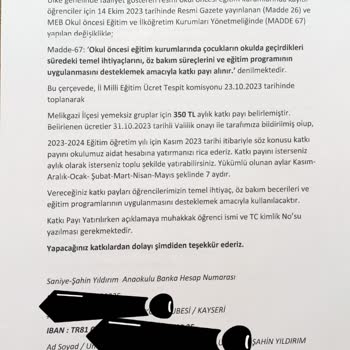 Kayseri Valiliği Anaokulu Aidat Parası