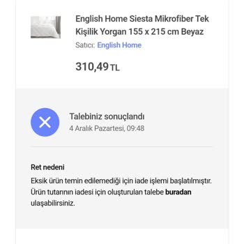 English Home Eksik Ürün Gönderimi