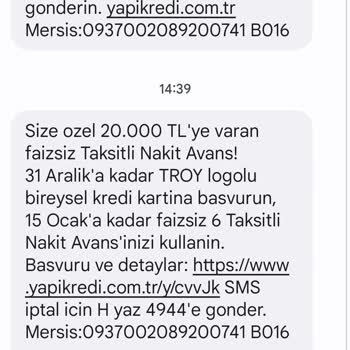 Yapı Kredi Bankası Kredi Kartı Mesajı