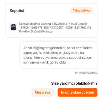 Sepetist Arızalı Üstün Satıp Para İadesi Yapılmaması
