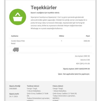 Dyson Hava Temizleyicisi Filtre Sipariş Sorunu
