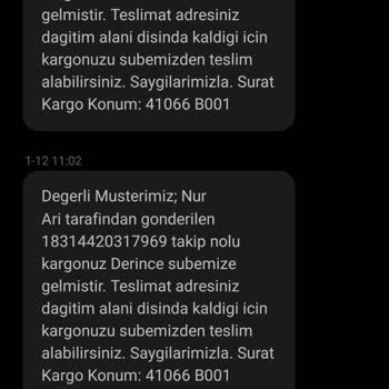 Sürat Kargo'nun Dağıtıma Çıkmayarak Kargoyu Şubeden Teslim Alınsın Israrı