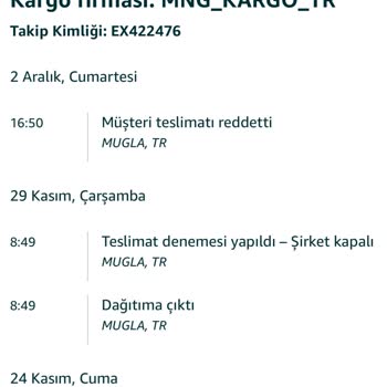 Dalaman MNG Kargo Gelen Ürünümü İznim Olmadan İade Etti