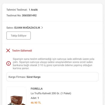 Sürat Kargo Velibaba Siparişimi Teslim Etmedi