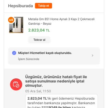 Hepsiburada Kendilerinden Kaynaklı Fiyat Hatası Ürünlerimi İptal Ettiler!
