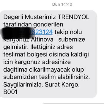 Sürat Kargo-İletilen Adres Teslimat Bölgesi Dışındadır