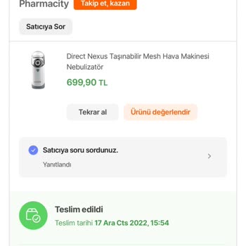 Pharmacity Sağlık Sürekli Arıza Veren Direct Nexus Taşınabilir Mesh Hava Makinesi