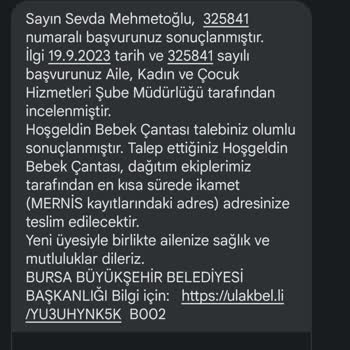 Bursa Büyükşehir Belediyesi Hoşgeldin Bebek Canta