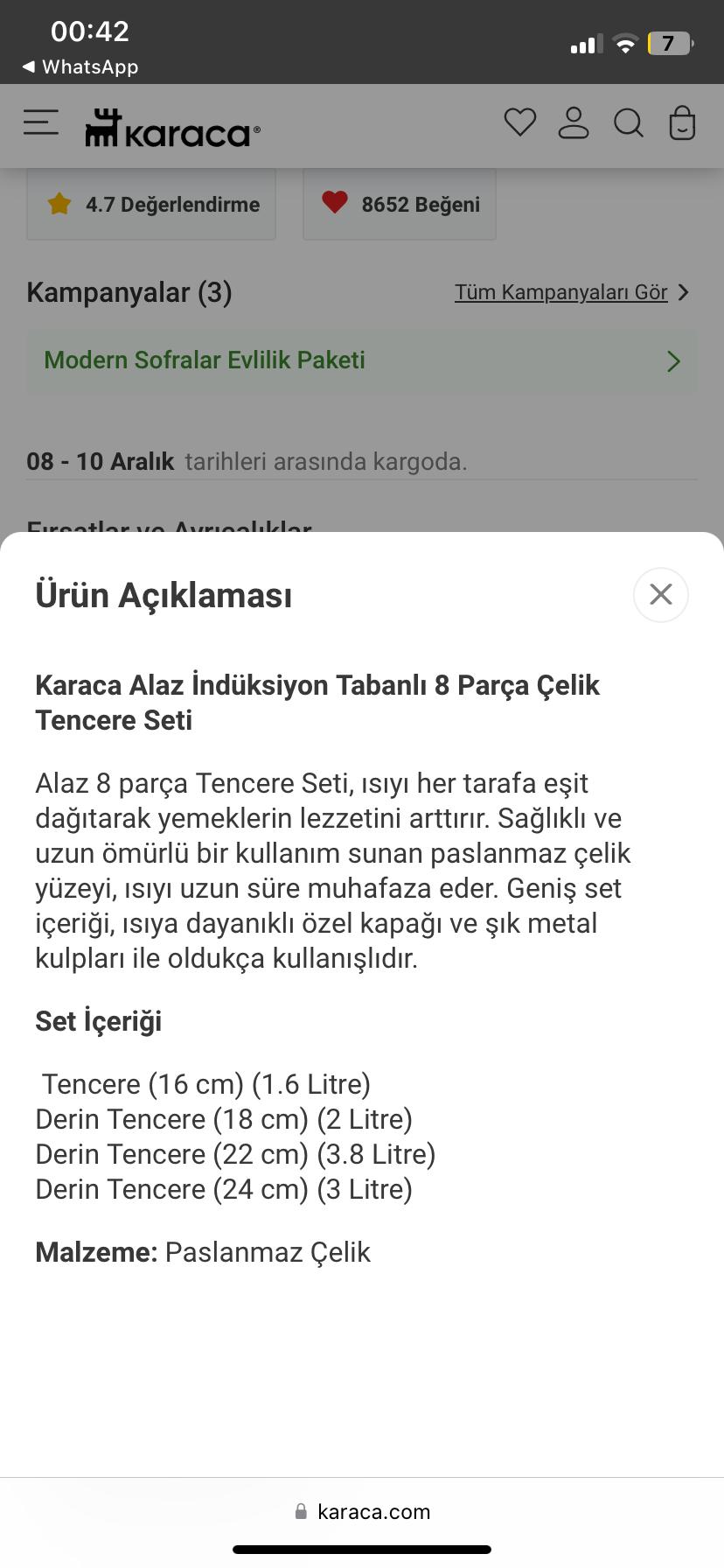 Karaca Alaz 8 Parça Çelik Tencere Seti –