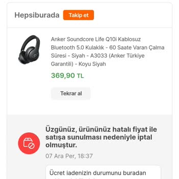 Hepsiburada Yanlış Fiyattan Dolayı İptal