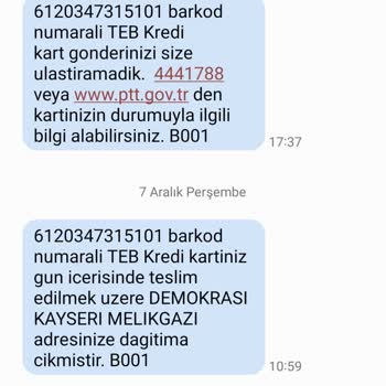PTT Kargo PTT Tarafından Taşınan Kredi Kartım Adresime Teslim Edilmedi
