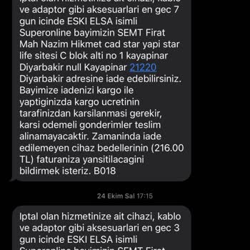 Superonline İade Ettiğim Cihazın Faturasını Yansıtıyor