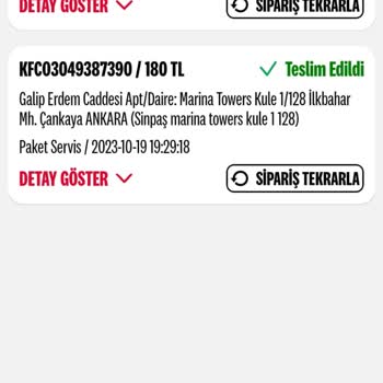 KFC Teslim Edildi Gösterilen Gelmeyen Sipariş