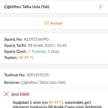 Trendyol Yemek Siparişinin Teslim Edilmemesi