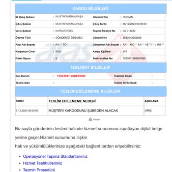 Aras Kargo Karamürsel Şubesi Sorumsuzluğu İle Mağduriyet