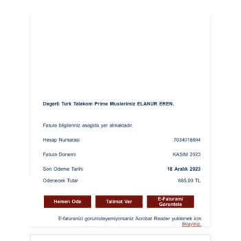 Türk Telekom Yüksek Ev İnternet Fatura