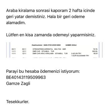 Dmr Car Araç Kiralama Depozito Geri Ödemeyi Alamadım!
