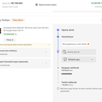 "HB'de Grundig Türkiye" Pişmanlıktır. 35 Gündür Ürün Gelmedi