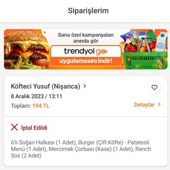Trendyol Yemek Yemek Sipariş İptali