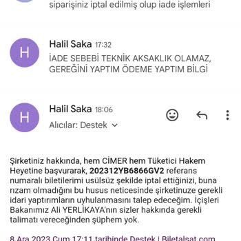 Biletalsat.com Usulsüzlük-Biletlerimin Rızam Olmadan İptal Edilmesi