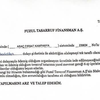 Fuzulev Organizasyon Ücretini İade Etmiyor