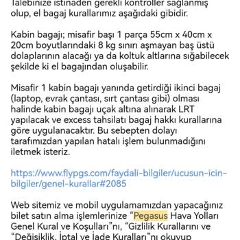 Pegasus Kabin Bagajı Ücreti Alınması