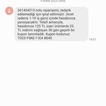 ÇiçekSepeti İptal Edilen Ürünün Para İadesinin 1-10 İş Günü Süreceği Bilgisi