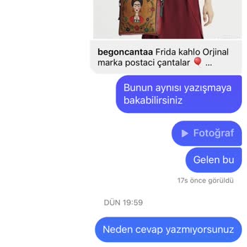 begoncantaa (Instagram) İstemediğim Ürün Yollanması Asıl Sipariş Gönderilmemesi