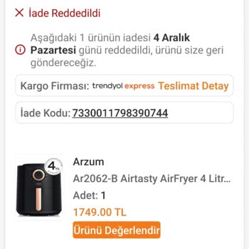 Trendyol Arzum Airfrey Bozuk Çıktı Satıcı Kabul Etmiyor