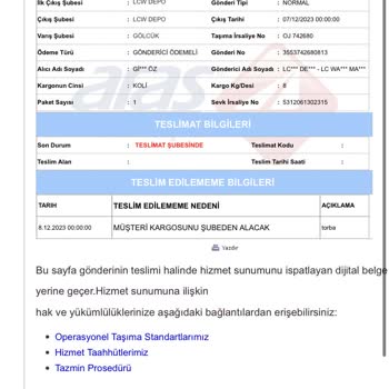 Aras Kargo LCW Online Alışverişimi Teslim Etmiyor