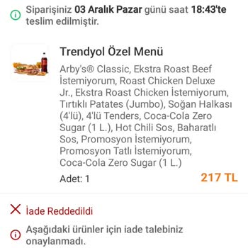 Arby's Eksik Ürün Ve Ücret İadesi Yapılmadı