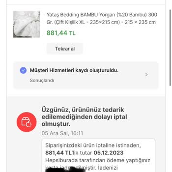Yataş Ürünün Teslim Edilememesi