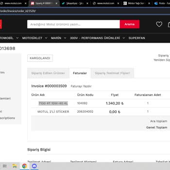 Shoptr.motul.com Tarihi Geçik Yağ Göndermesi Üzerine R25 Motor Yedi