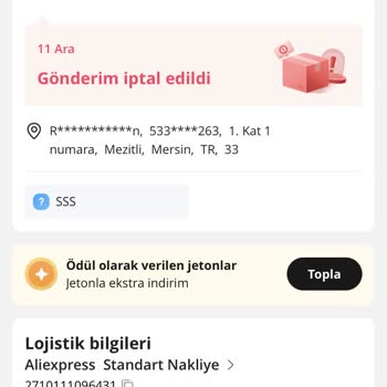 Aliexpress Ürünüm Teslim Edilmeden Gönderim İptal Edildi Diyor.