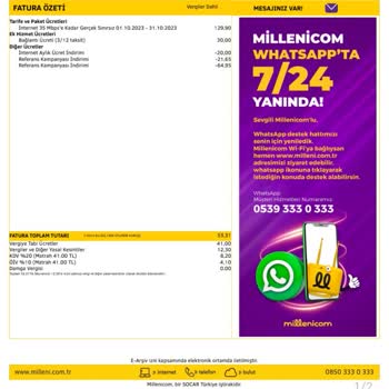 Millenicom İnternet Faturasının Yanlış Olarak Düzenlenmesi