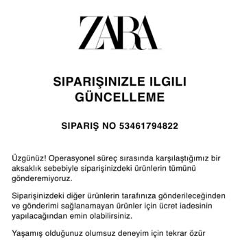Zara'dan Sipariş Verdiğim Ürünü Stokta Olmasına Rağmen İptal Edilmesi