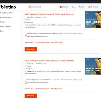 Organizasyona 12 Gün Olmasına Rağmen Biletino Ücret İadesi Yapmıyor.
