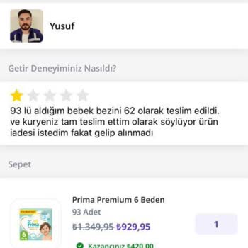Getir Büyük Eksik Ürün