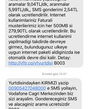Vodafone Yurt Dışı Tarife Uygulanması