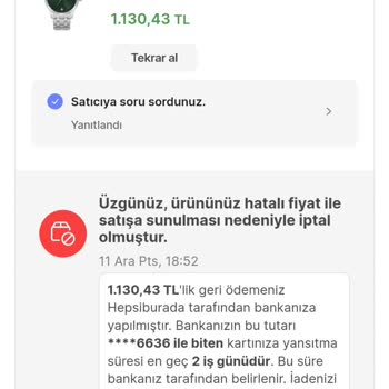 Hepsiburada Yanlış Fiyat Sebebiyle Sipariş İptali