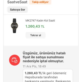 Hepsiburada Satılan Saati İsteğim Dışında İptal Etmesi